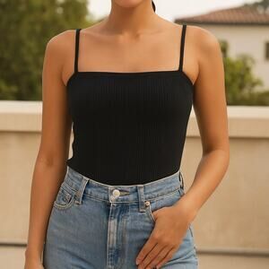 Reformation Jeans Ribbed Black Cami Bodysuit Onesie Size M